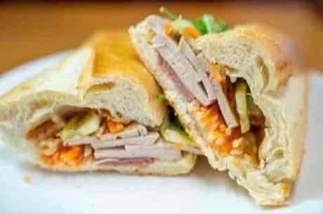 Pork pate and sausage banh mi with pickled vegetables