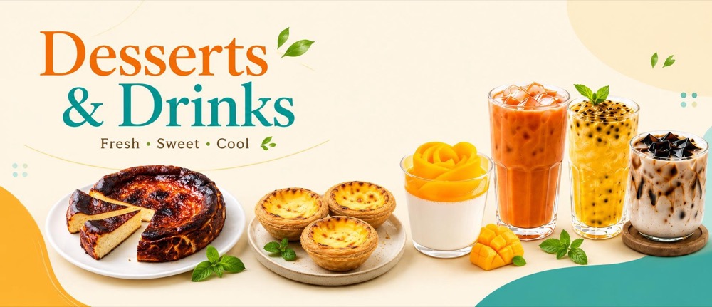 Desserts and drinks including cheesecake, egg tarts and iced teas
