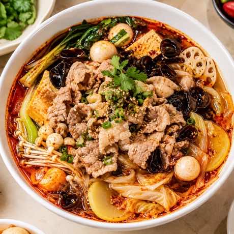 Spicy hot pot bowl with sliced beef, fish balls, tofu, lotus root, enoki mushroom and greens in chili broth