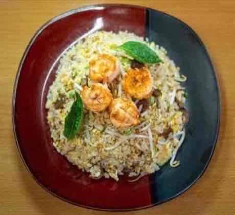 Vietnamese shrimp fried rice with bean sprouts and Thai basil