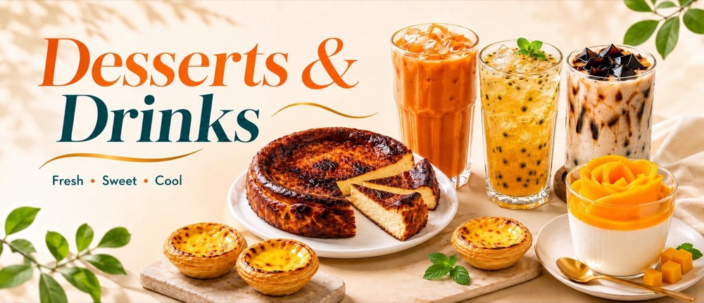 Desserts and cool drinks including cheesecake, egg tarts and iced teas