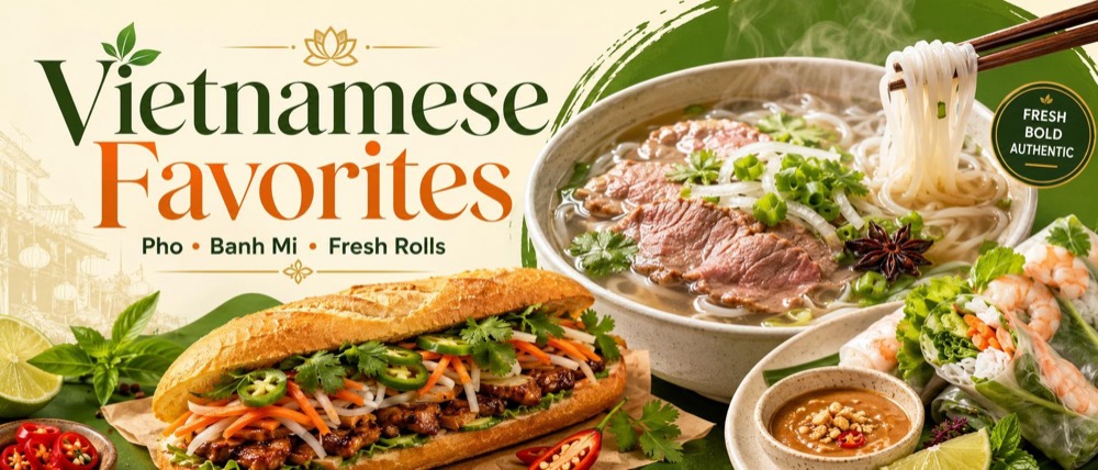 Beef pho, grilled pork banh mi and shrimp fresh rolls