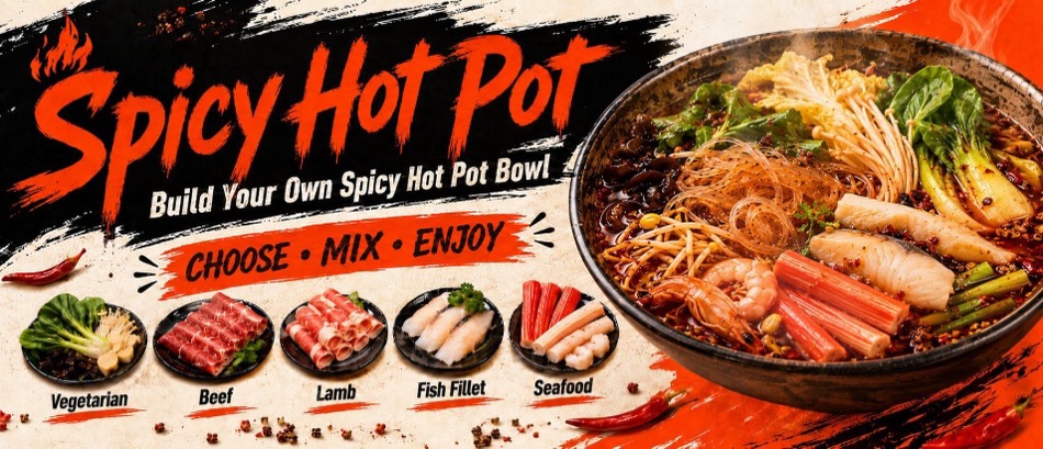 Build-your-own spicy hot pot with beef, lamb, fish fillet and seafood