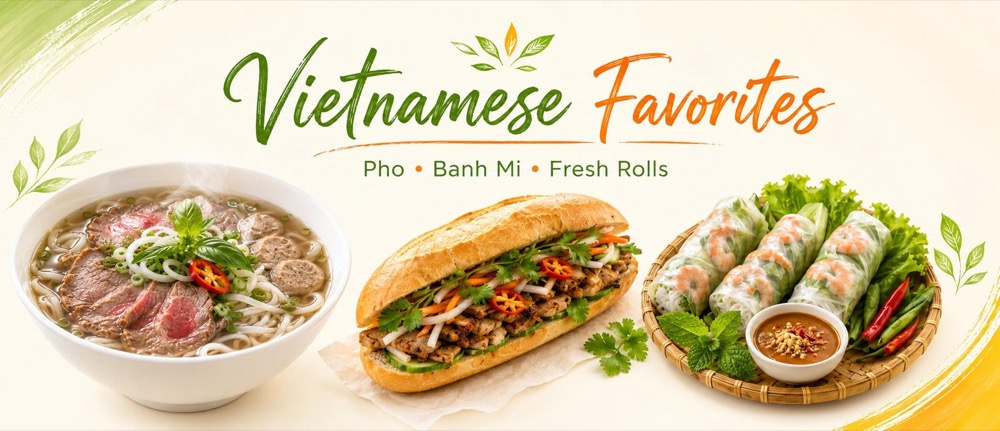Beef pho, grilled pork banh mi and shrimp fresh rolls served at Fashion Wok