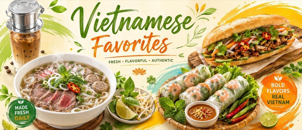 Vietnamese beef pho, grilled pork banh mi and fresh rolls